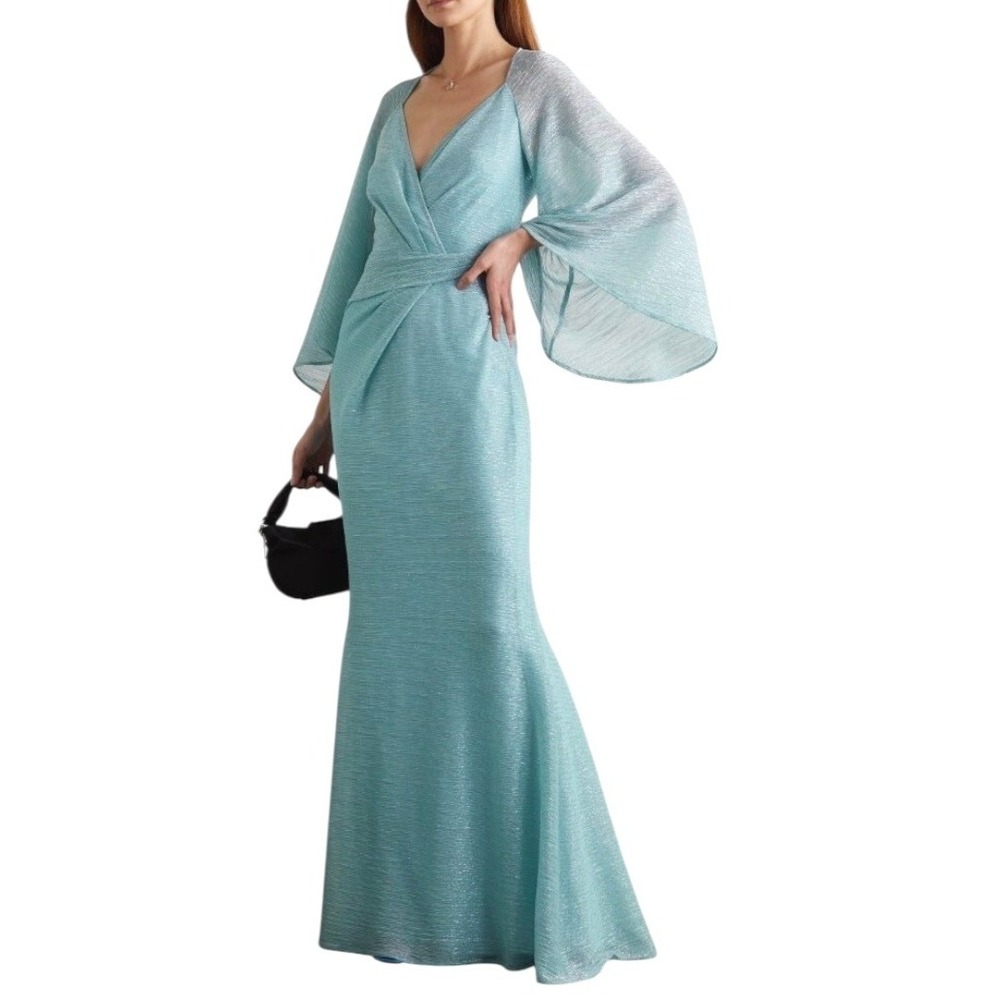 Talbot Runhof Dress Women 16 Blue Wrap Effect‎ Metallic Voile Gown Luxury Party